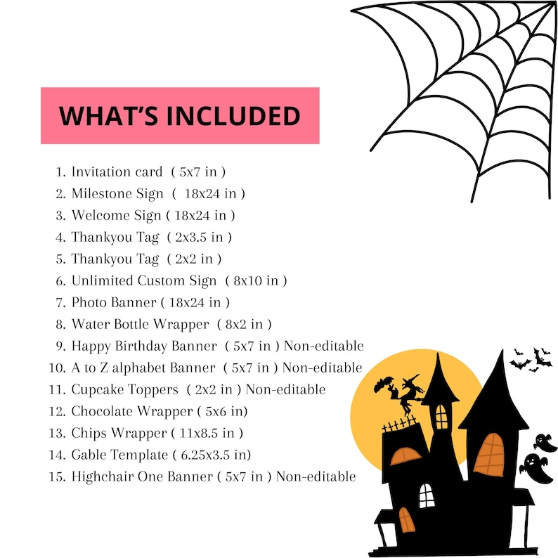 May include: A printable Halloween party pack includes 15 items, such as invitations, signs, banners, and wrappers. The items are listed with their dimensions in inches. The image also shows a black silhouette of a haunted house with a yellow moon and bats.