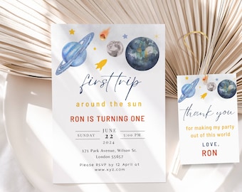 Editable Outer Space First Birthday Invitation Galaxy Blast Off First Trip Around the Sun Download Printable Template Digital DIY Invite