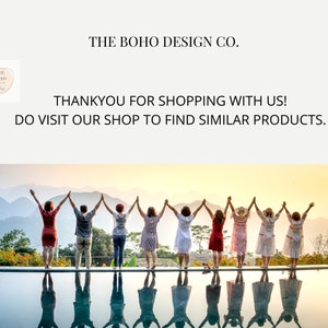 May include: A group of people stand in a line, arms linked, facing away from the camera. They are standing on a patio overlooking a pool with mountains in the background. The sky is a vibrant orange and yellow. The text "THE BOHO DESIGN CO." and "THANKYOU FOR SHOPPING WITH US! DO VISIT OUR SHOP TO FIND SIMILAR PRODUCTS." is displayed above the image.
