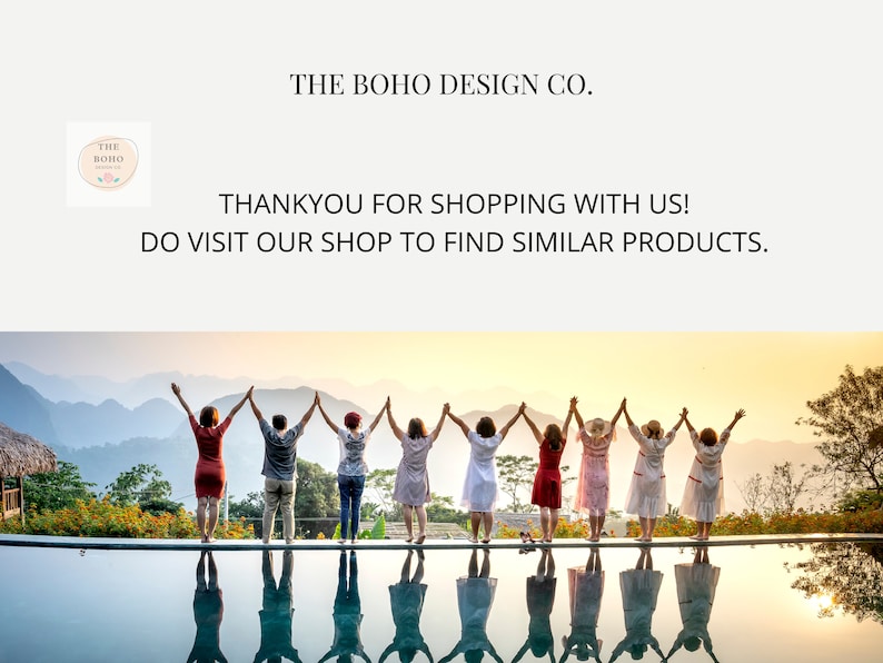 May include: A group of people stand in a line, arms linked, facing away from the camera. They are standing on a patio overlooking a pool with mountains in the background. The sky is a vibrant orange and yellow. The text "THE BOHO DESIGN CO." and "THANKYOU FOR SHOPPING WITH US! DO VISIT OUR SHOP TO FIND SIMILAR PRODUCTS." is displayed above the image.