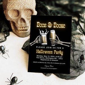 Plantilla EDITABLE de invitación a fiesta de Halloween de Skeleton Boos &Booze, invitación de Halloween para adultos, invitación a cerveza divertida imprimible, descarga instantánea DIY
