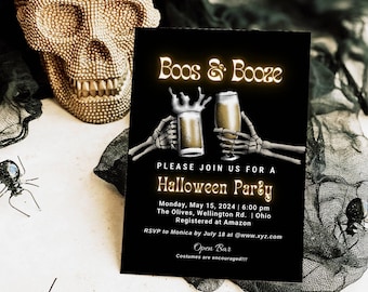 EDITABLE Skeleton Boos & Booze Halloween Party Invitation Template, Adult Halloween Invite, Printable Fun Beer Invite, Instant Download DIY