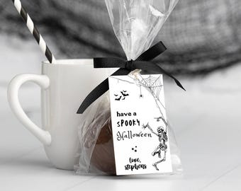 Modello modificabile di etichetta regalo di Halloween con scheletro danzante, etichette stampabili per bomboniere di Halloween spettrali, etichette per dolcetti con scheletro Download istantaneo fai da te