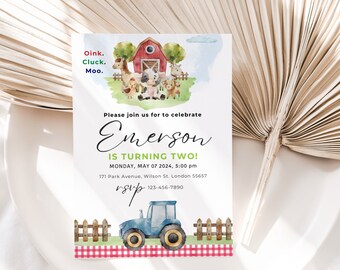 EDITIERBARE Geburtstagseinladung auf dem Bauernhof, Scheunentiere Partyeinladung Vorlage, Kindergeburtstag 2020, Red Boy Barnyard Tiere, Sofort Download DIY