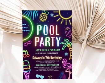 EDITABLE Pool Party Invitation, Text Invitation, Neon Invite, Summer Swimming Pool Party, Summer Splish Splash Invite Instant Download DIY