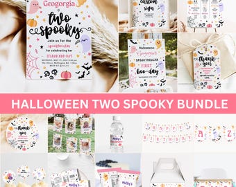EDITABLE Two Spooky 2nd Birthday Party Invitation Bundle Pink Halloween Ghost 2nd Birthday Party Decor Supplies Kit Instant Download DIY