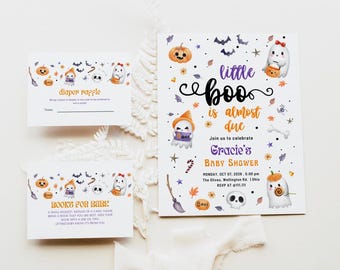 EDITABLE Halloween Baby Shower Invitation Bundle, A Little Boo is Almost Due Invitation Suite, Spooky Baby Shower invite, Printable DIY