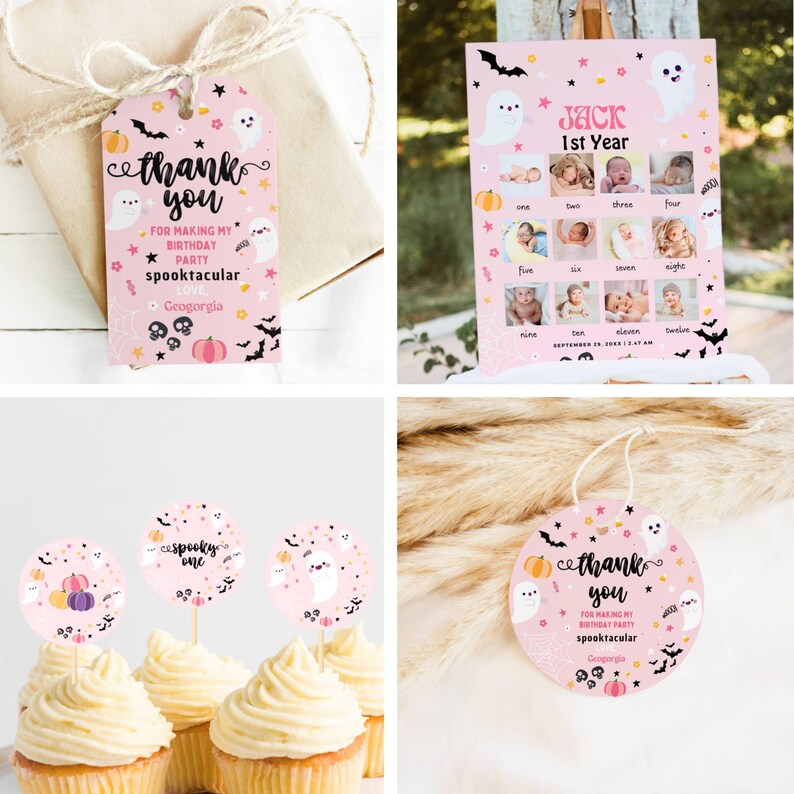 May include: Pink and black Halloween-themed first birthday party decorations. The set includes a thank you tag, a first year milestone poster, and cupcake toppers. The decorations feature ghosts, bats, pumpkins, and stars.