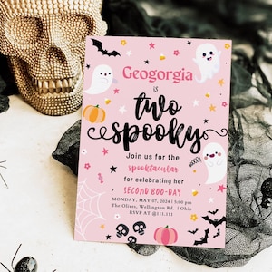 REDIGERBAR Inbjudan till två kusliga Halloween-spöken för 2-årsfest Söt rosa spöke för 2-års födelsedag Spöktakulära inbjudningar för direktnedladdning DIY