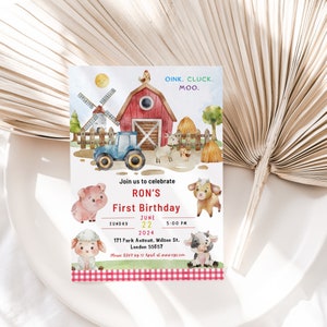 BEWERKBARE boerderij verjaardagsuitnodiging, schuur dieren partij uitnodiging sjabloon, Ranch kinderen verjaardag, rode jongen boerenerf dieren, Instant Download DIY