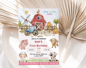 EDITIERBARE Geburtstagseinladung auf dem Bauernhof, Scheunentiere Partyeinladung Vorlage, Kindergeburtstag 2020, Red Boy Barnyard Tiere, Sofort Download DIY
