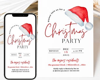 May include: A Christmas party invitation featuring a watercolor Santa hat and elegant script. The invitation includes the date, time, and location, with a request to RSVP by a specific date. The design is displayed on a smartphone and a printed card.