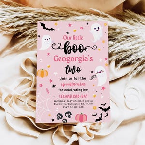 EDITABLE Boo is Two Halloween Ghost 2nd Birthday Party Invitation Cute Pink Spooky Ghost Birthday Spooktacular Invite Instant Download DIY