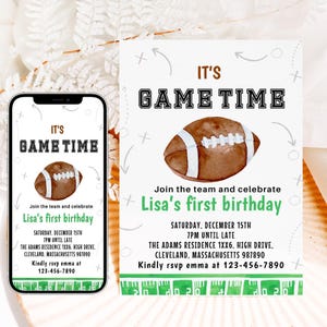 EDITABLE Football Birthday Invitation, First Year Down Game On Football Invite, Birthday Invite, Mobile Phone Boy 1st Birthday Invite DIY