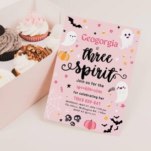 EDITABLE Three Spirit Halloween Ghost 3rd Birthday Party Invitation Cute Pink Ghost 3rd Birthday Spooktacular Party Instant Download DIY