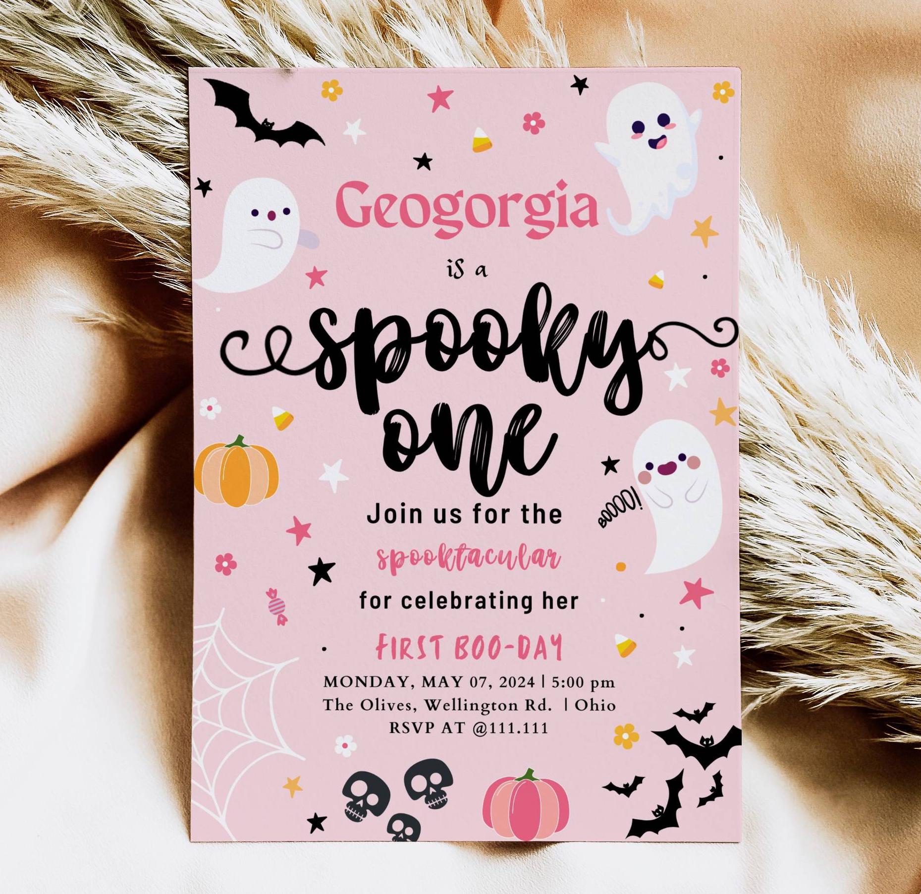 EDITABLE Spooky One Halloween Ghost 1st Birthday Party Invitation Cute Pink Ghost Birthday Spooktacular 1st Birthday Instant