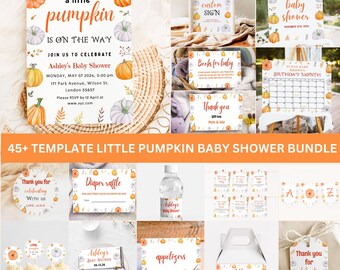 EDITIERBARE Kleine Kürbis-Babyparty-Bundle, Herbst Kürbis-Babyparty-Einladung Herbst-Babyparty Kürbis-Babyparty-Dekorationen Spiele DIY
