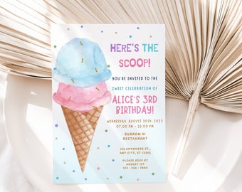 EDITABLE Ice Cream Birthday Invitation, Ice cream Social Party, Here's the Scoop Pink Blue Cute Girl Birthday Printable Instant Download DIY