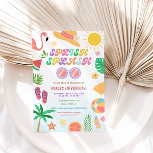 EDITABLE Pool Party Invitation Tropical Splish Splash Girly Pool Party Invitation Summer Swimming Pool Splash Pad Party Instant Download DIY