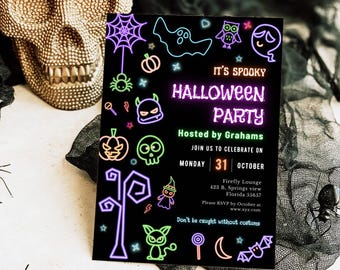 EDITABLE Neon Spooktacular Halloween Party Invitation Template, Printable Modern Spooky Invite, Fun Halloween Birthday, Instant Download DIY