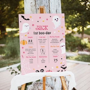 EDITABLE Halloween Ghost 1st Birthday Milestone Poster Spooky One Ghost Spooktacular 1st Birthday Party Stats Poster DIY Instant Download