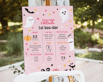 以下が含まれることがあります： イーゼルに立てられたピンク色のハロウィーンをテーマにしたサインで、「JACK」と「1st boo-day」と書かれています。体重（22ポンド）、好きな食べ物、おもちゃ、歌などの詳細が記載されており、幽霊とコウモリのイラストが描かれています。高さは75cmです。