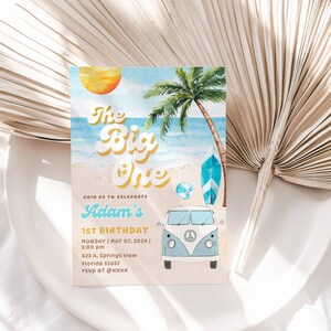EDITABLE Boy The Big One Surfing 1st Birthday Party Invitation, Vintage Retro Boy Surf Van Surfboard Beach Party Invite Instant Download DIY