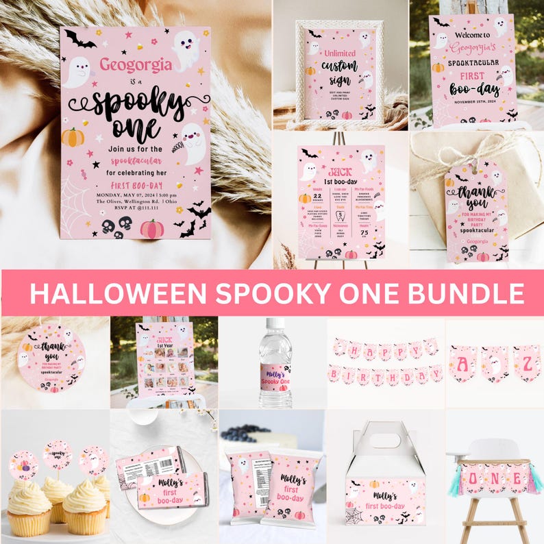 May include: A Halloween-themed party bundle with pink and orange colors. The bundle includes a variety of printable items such as invitations, banners, cupcake toppers, and favor tags. The text on the invitation reads "Geogorgia is a spooky one".