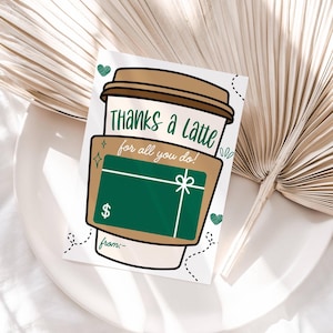 EDITABLE Thanks a Latte Printable, Teacher Appreciation Gift, Employee Appreciation Card, Coffee Gift Card Holder School Staff Gift Card DIY