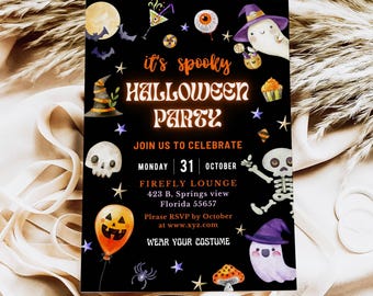 May include: A black Halloween party invitation with orange and white text that reads "it's spooky HALLOWEEN PARTY". The invitation includes illustrations of a ghost, skull, and other Halloween-themed graphics.
