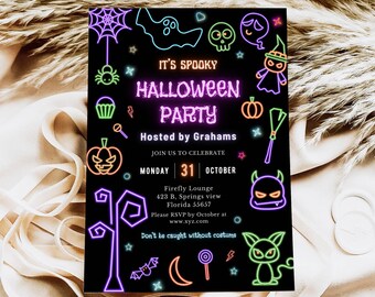 EDITABLE Neon Spooktacular Halloween Party Invitation Template, Printable Modern Spooky Invite, Fun Halloween Birthday, Instant Download DIY