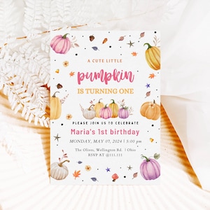 EDITABLE Our little Pumpkin Is Turning One Invitation, Pink Pumpkin First Birthday Invitation Girl Fall Birthday Party Template Instant DIY