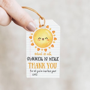 Plantilla de etiqueta de regalo de agradecimiento para maestros de verano editable, etiqueta de agradecimiento con el sol, etiqueta de regalo de fin de año para escuelas imprimible, descarga instantánea, hazlo tú mismo