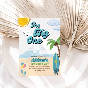 EDITABLE Boy The Big One Surfing 1st Birthday Party Invitation, Vintage Retro Boy Surf Surfboard Beach Party Invite Instant Download DIY