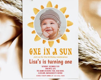 EDITABLE First Trip Around the Sun Birthday Invitation, Sunshine 1st Birthday Invite, Boho Sun Birthday Neutral, Printable Template DIY