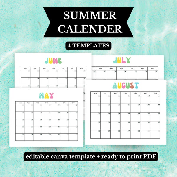 Printable SUMMER 2024 Calendar Set including May, June, July, August calendars for Summer Activities Bundle, Editable Summer Kids Calendar