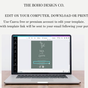 May include: A laptop screen displaying a Canva design template for a wedding invitation. The template features a green background with a simple floral design and the text "MIA and ZAYN".