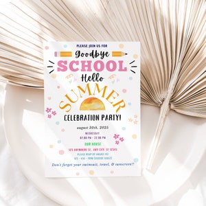 Invitación EDITABLE a la fiesta de fin de escuela, Hola verano, Adiós salida de la escuela, Sol, Rebote, Tobogán de agua Invitación imprimible Descarga instantánea DIY