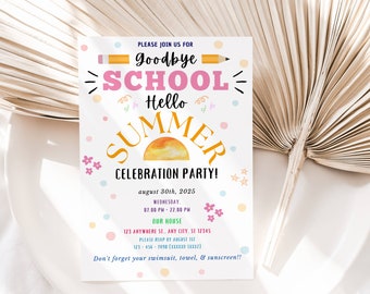 EDITABLE End of School Party Invitation, Hello Summer, Goodbye School’s Out, Sun, Bounce, Water Slide Printable Invite Instant Download DIY