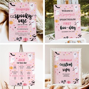 May include: Four printable signs for a spooky first birthday party. The signs are pink with white ghosts, bats, and stars. The text on the signs reads "Geogorgia is a spooky one", "Welcome to Geogorgia's Spooktacular First Boo-Day", "Jack 1st Boo-Day", and "Unlimited Custom Sign".