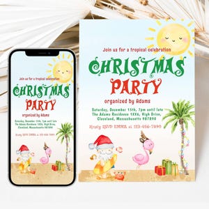 BEWERKBARE sjabloon tropische kerstfeest uitnodiging, afdrukbare zomervakantie uitnodiging strand kerstfeest DIY Instant Mobile Evite