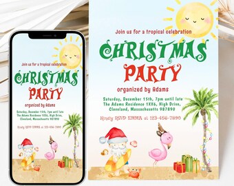 EDITABLE Tropical Christmas Party Invitation Template, Printable Summer Fun Holiday Invite Beach Christmas Party DIY Instant Mobile Evite