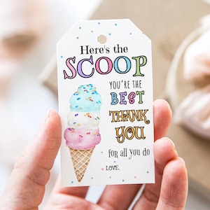 EDITABLE Ice Cream Teacher Appreciation Tag, Printable Here&#39;s the Scoop Thank You Tag Appreciation Week, Employee Nurse Staff Instant DIY