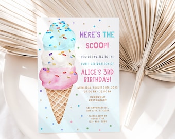 EDITABLE Ice Cream Birthday Invitation, Ice cream Social Party, Here&#39;s the Scoop Pink Blue Cute Girl Birthday Printable Instant Download DIY