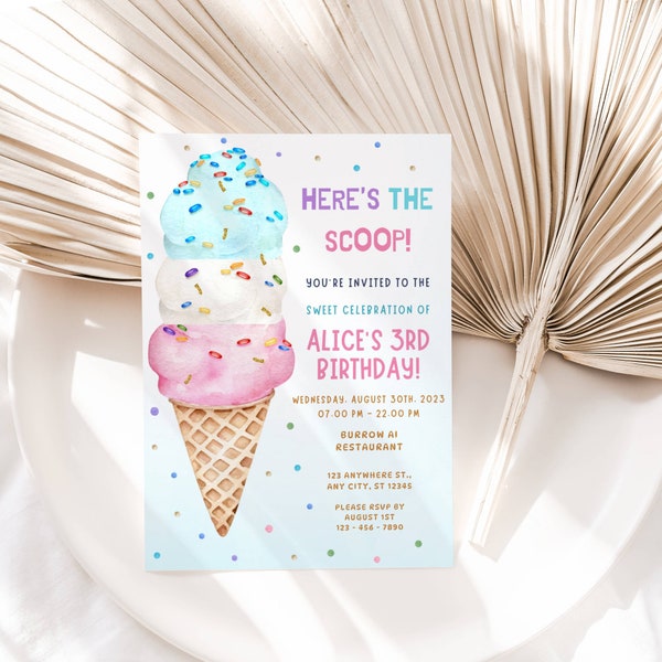 EDITABLE Ice Cream Birthday Invitation, Ice cream Social Party, Here's the Scoop Pink Blue Cute Girl Birthday Printable Instant Download DIY