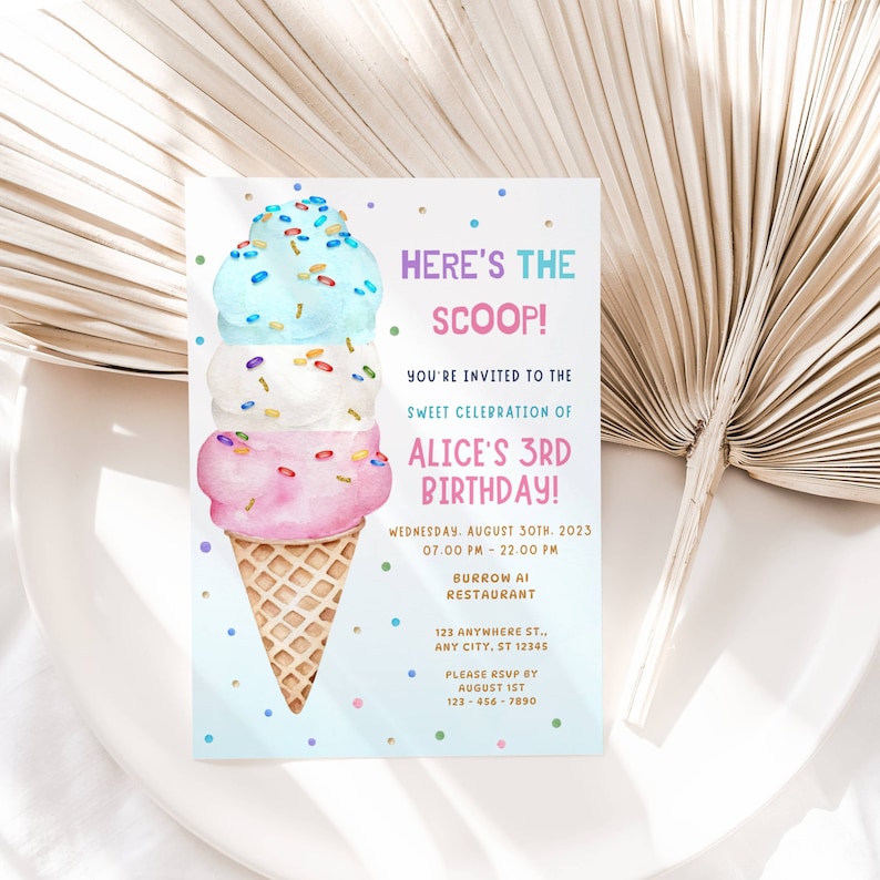 May include: A blue and pink ice cream cone with sprinkles on a light blue background. The text "Here's the Scoop!" is at the top of the invitation. The text "You're invited to the sweet celebration of Alice's 3rd Birthday!" is below the ice cream cone. The invitation includes the date, time, location, and RSVP information.