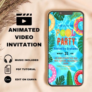EDITABLE Blue Pool Party Birthday Invitation Video, Neon Beach Theme Tropical Summer Invite For Teens, Kids Adults, Electronic Mobile DIY