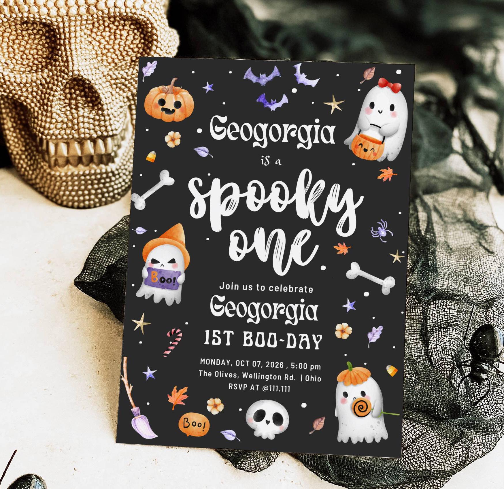 EDITABLE Spooky One Halloween Ghost 1st Birthday Party Invitation Cute Black Ghost Birthday Spooktacular 1st Birthday Instant