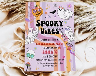 Editable Halloween Spooky Vibes Ghost Birthday Party Invitation Retro ...