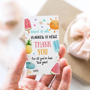 Plantilla de etiqueta de regalo de agradecimiento para maestros de verano editable, etiqueta de agradecimiento con el sol, etiqueta de regalo de fin de año para escuelas imprimible, descarga instantánea, hazlo tú mismo